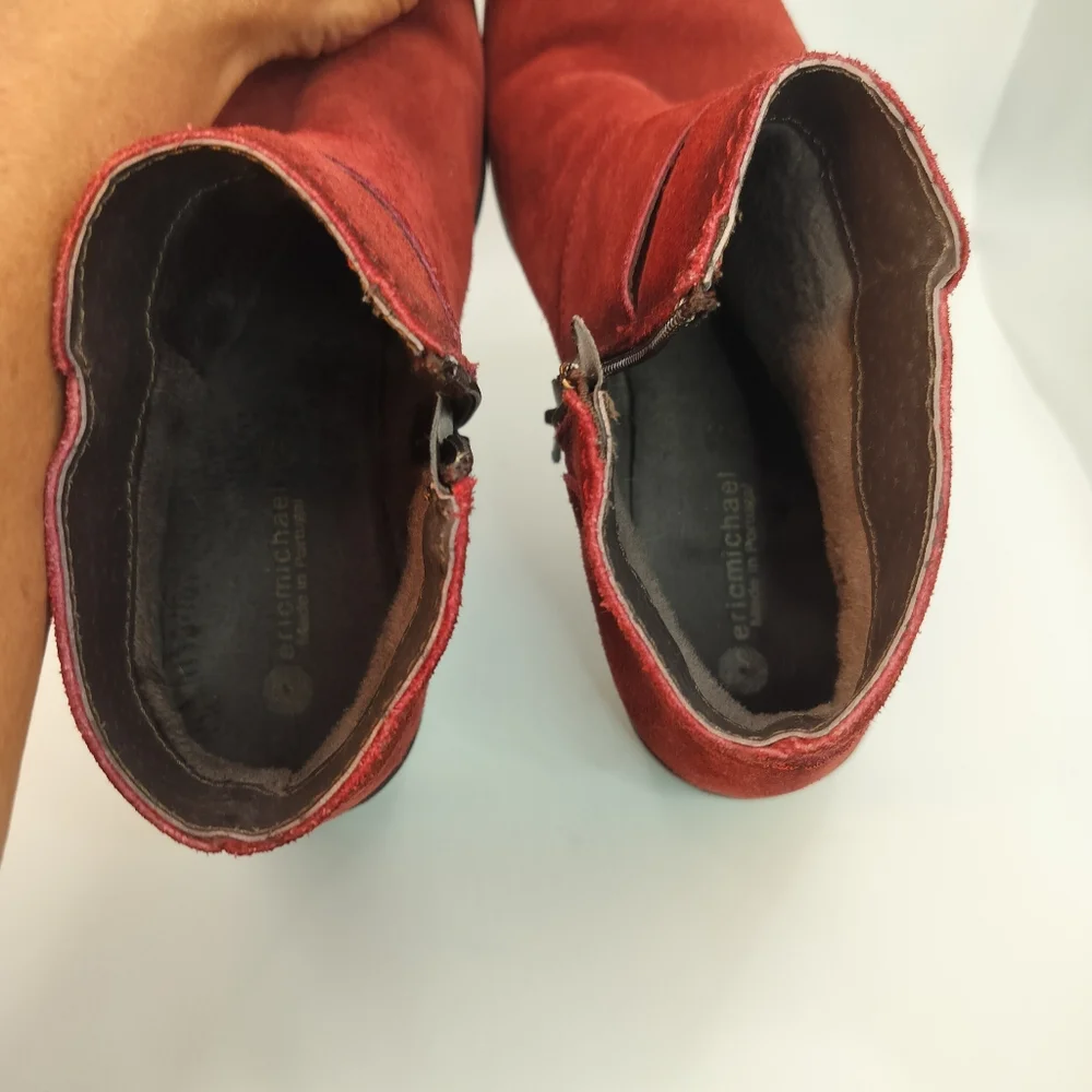Eric Michael Red Suede Zip Booties Buckle Detail Womens Size EU 37‎ US 6.5